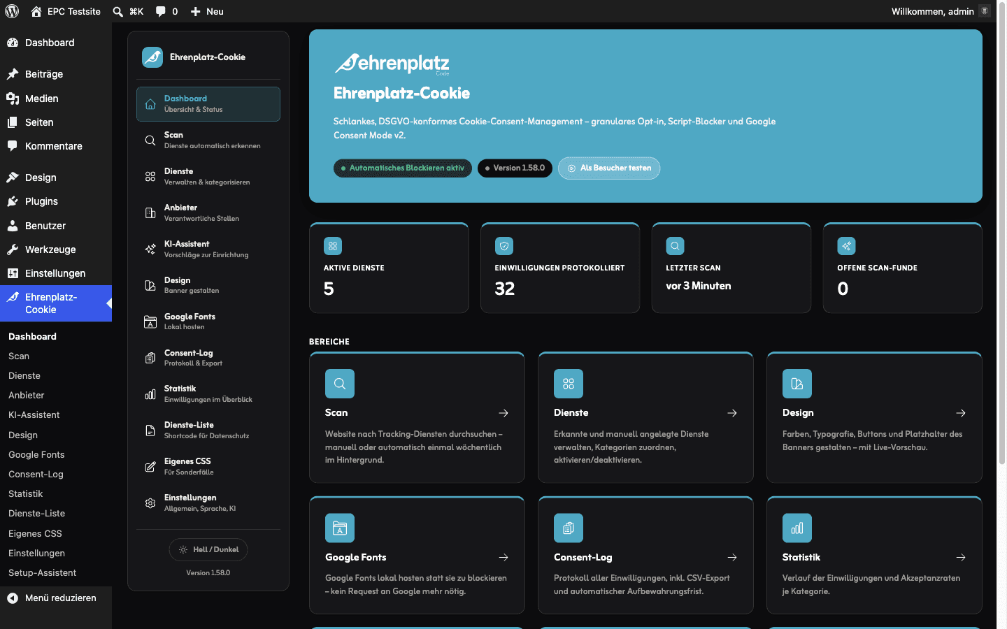 Das Dashboard von Ehrenplatz-Cookie im Dunkelmodus: Kennzahlen zu aktiven Diensten, protokollierten Einwilligungen, letztem Scan und offenen Funden, darunter Kacheln für Scan, Dienste, Design, Google Fonts, Consent-Log und Statistik.